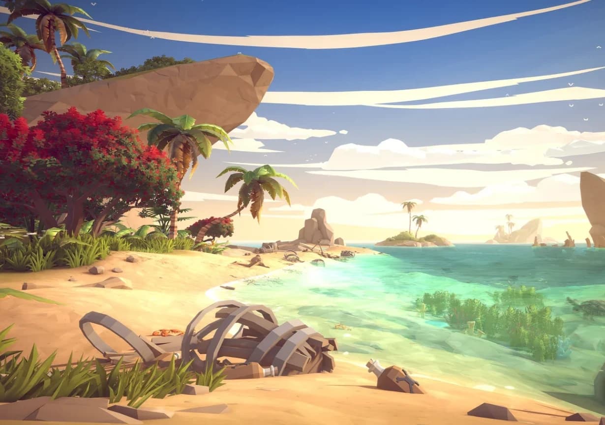 A sunny beach with wreckage in turquoise water